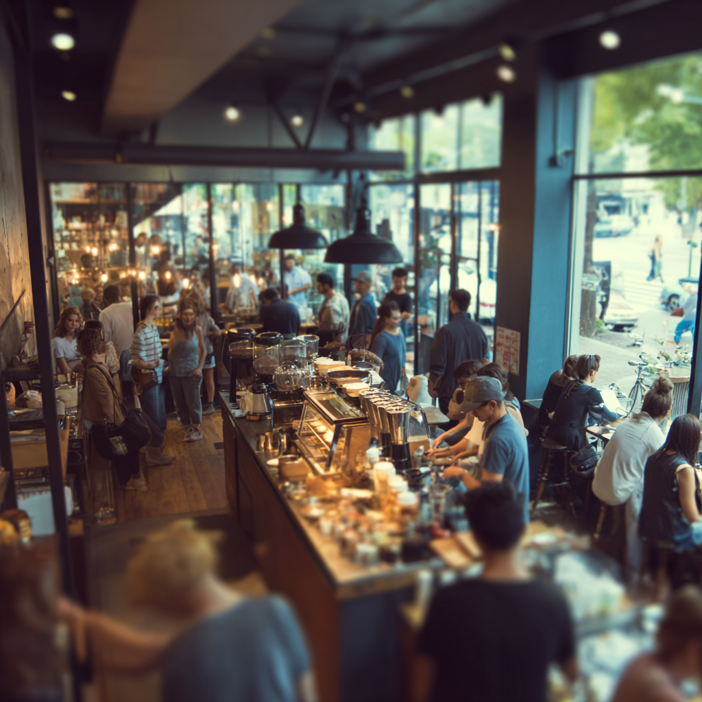Photo realistic, a busy coffee shop at high volume. Photo realistic, a busy coffee shop at high volume.